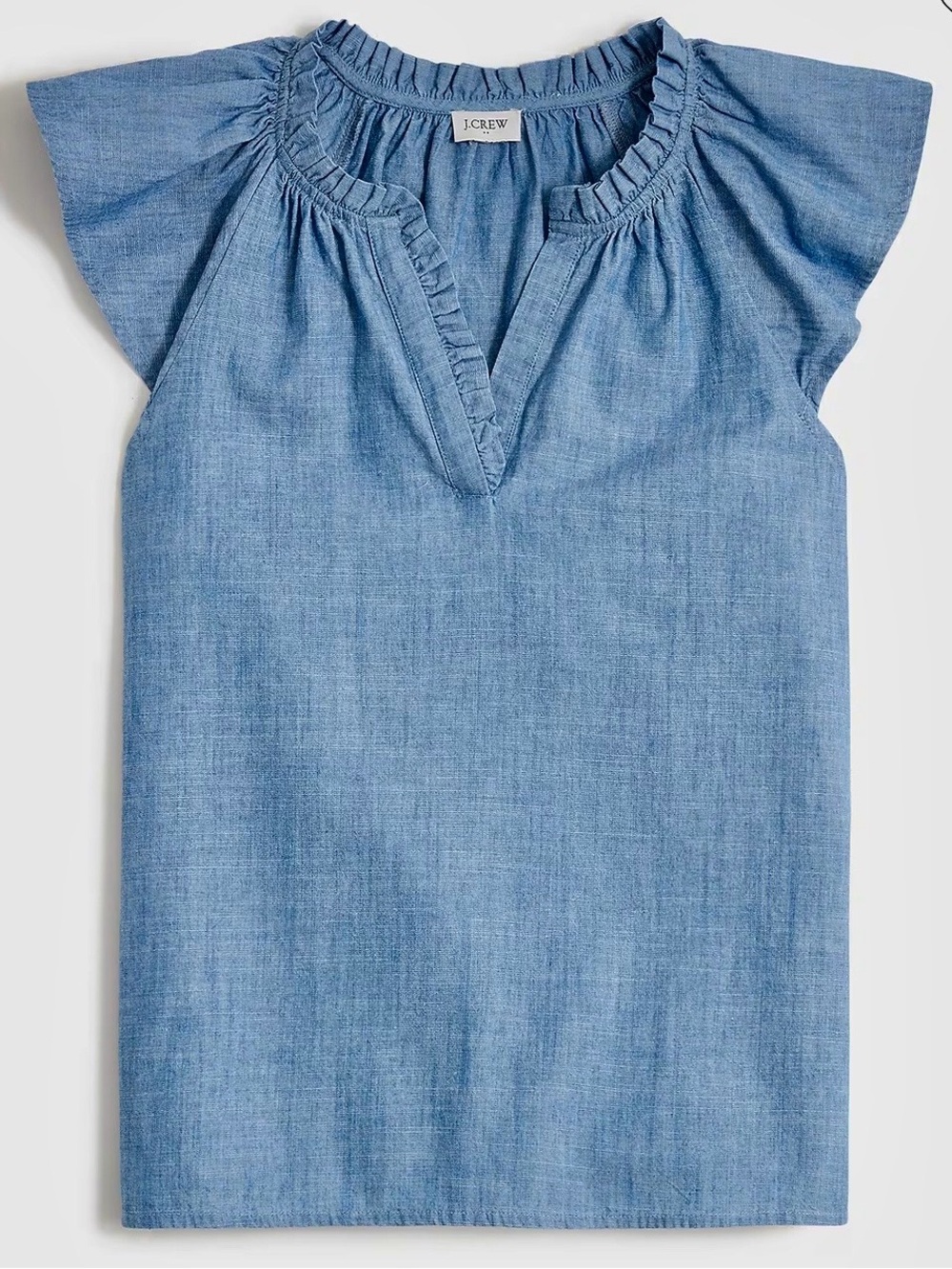 J. CREW SHORT FLUTTER SLEEVELESS CHAMBRAY DENIM TOP